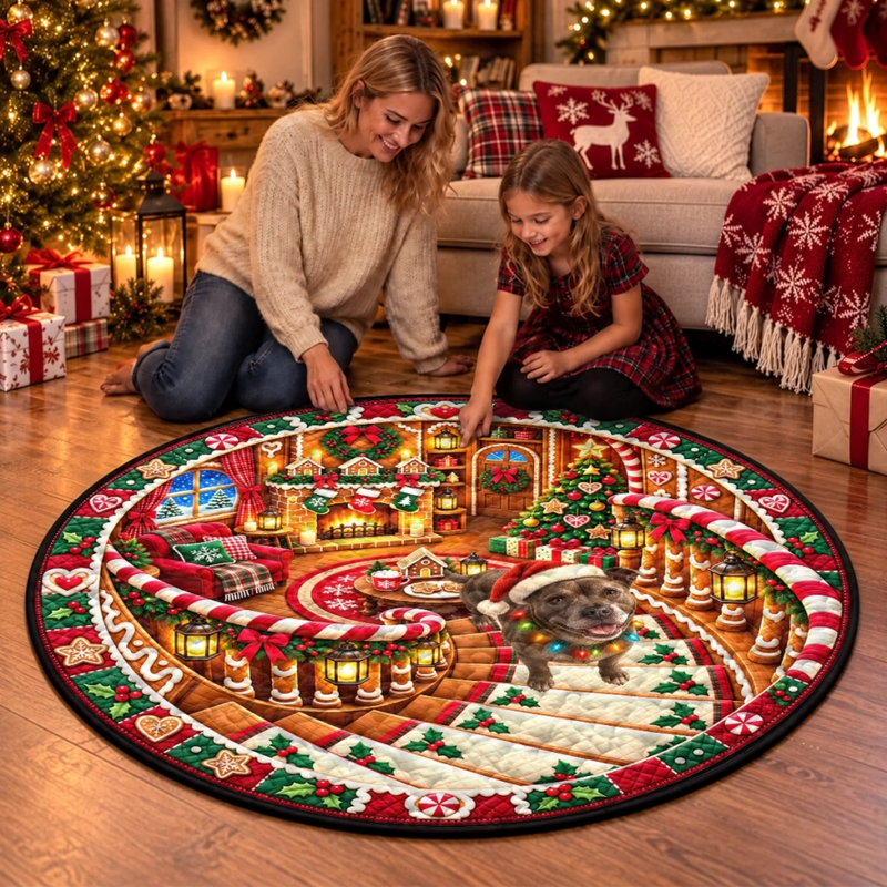 Christmas Santa Dog Lover Decor - Personalized Quilted Round Mat