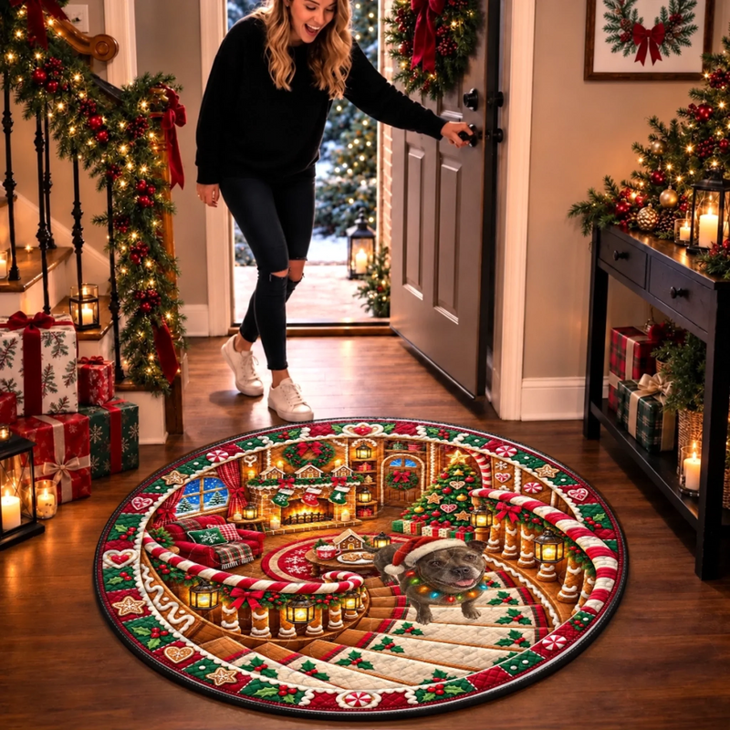 Christmas Santa Dog Lover Decor - Personalized Quilted Round Mat