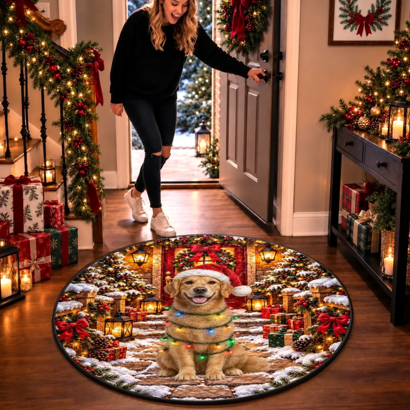 Custom Christmas Golden Retriever Decor - Personalized Quilted Round Mat