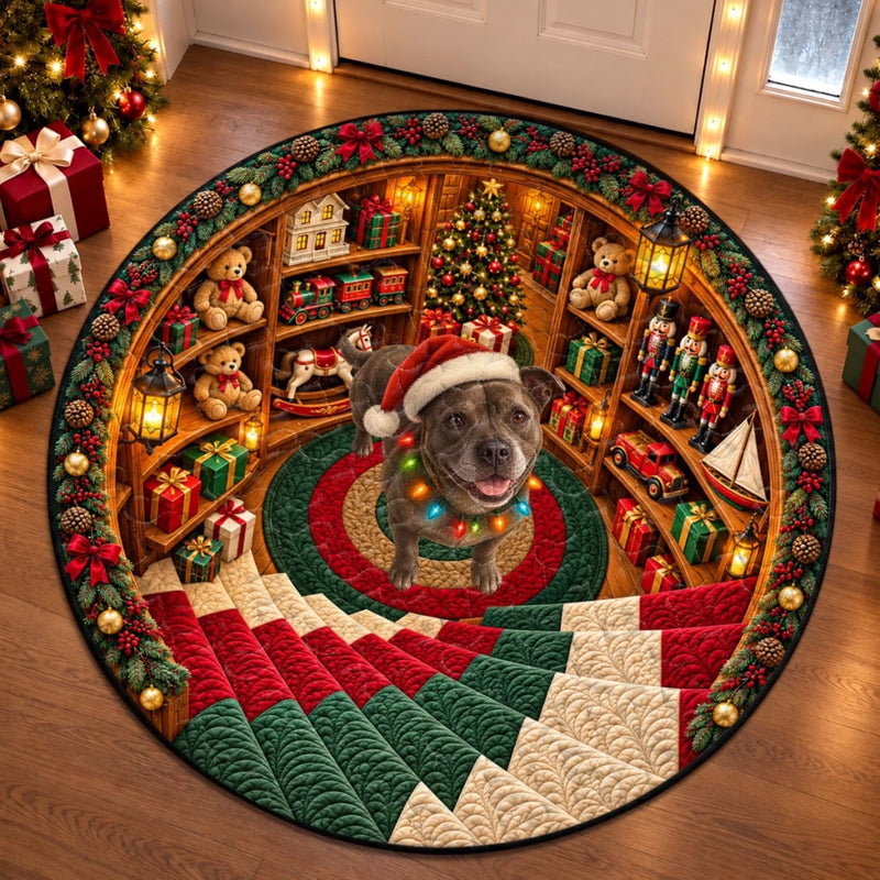 Custom Christmas Village Dog Decor - Personalized Quilted Round Mat