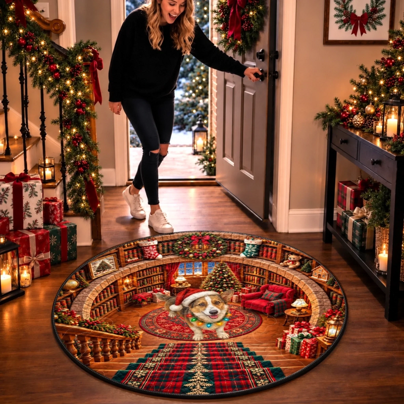 Custom Christmas Village Dog Decor - Personalized Quilted Round Mat