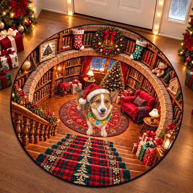 Custom Christmas Corgi Library Decor - Personalized Quilted Round Mat