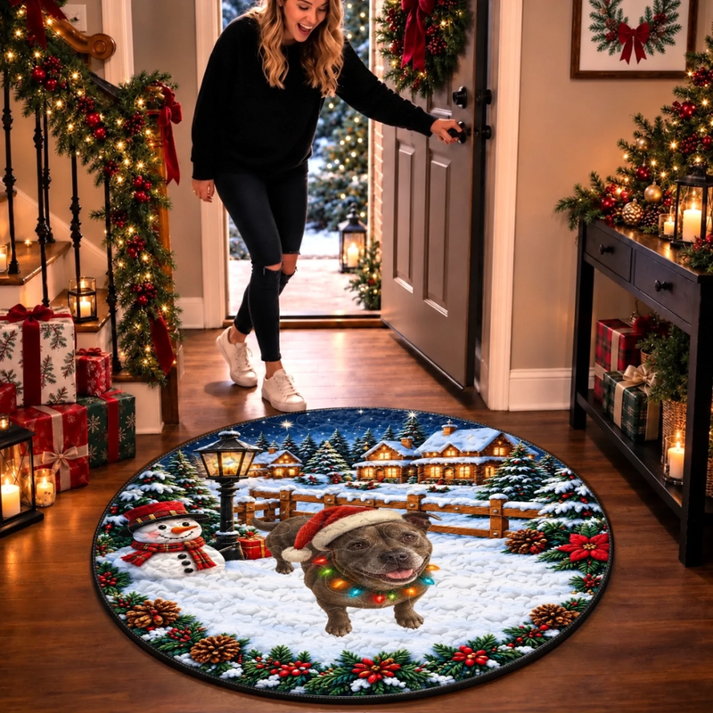 Custom Christmas Dog Snowy Village Decor - Personalized Quilted Round Mat