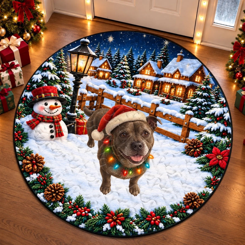 Custom Christmas Dog Snowy Village Decor - Personalized Quilted Round Mat
