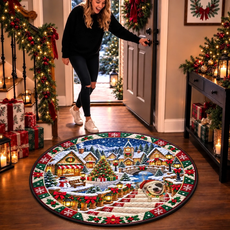 Christmas Pug Train Decor - Personalized Quilted Round Mat