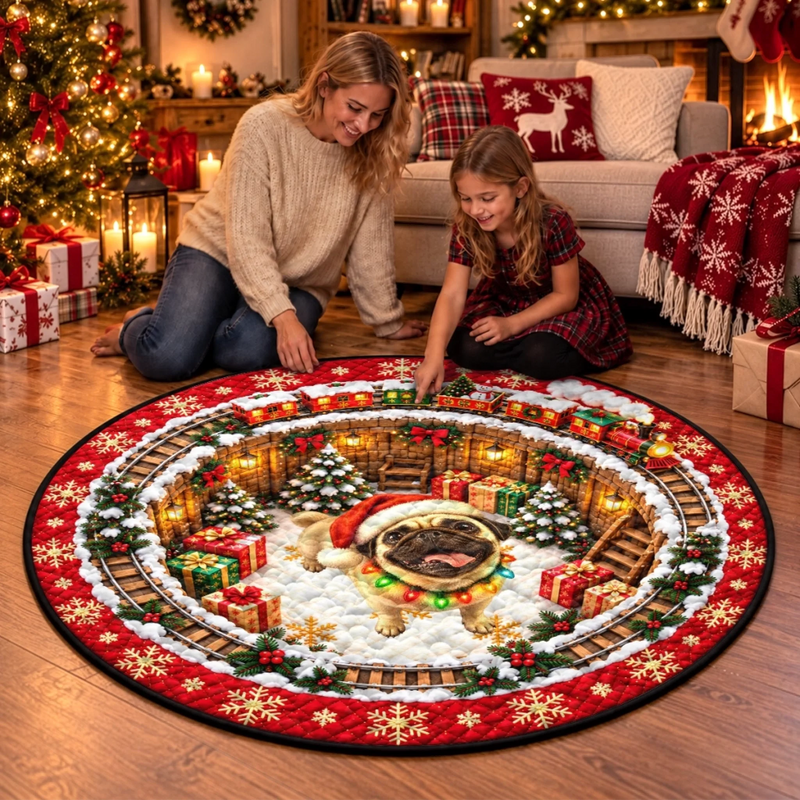 Custom Christmas Pug Train Holiday Decor - Personalized Quilted Round Mat