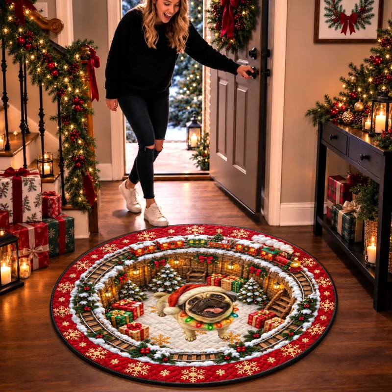 Custom Christmas Pug Train Holiday Decor - Personalized Quilted Round Mat