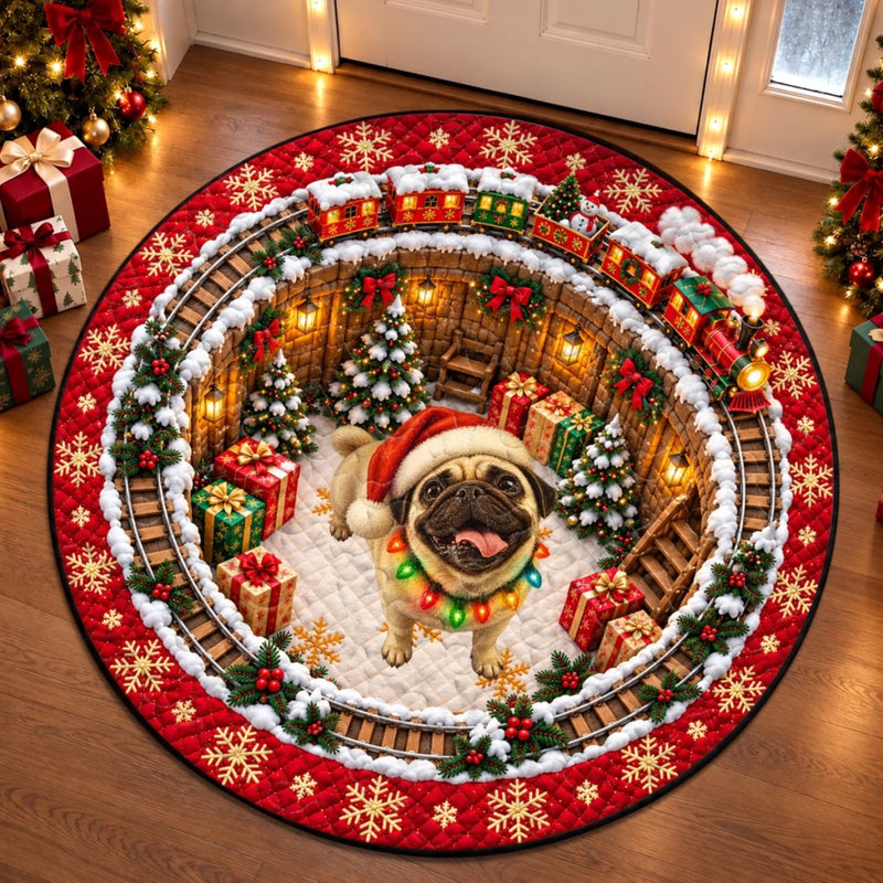 Custom Christmas Pug Train Holiday Decor - Personalized Quilted Round Mat