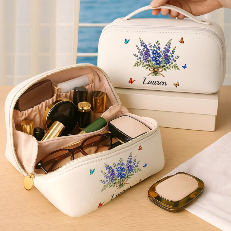 Custom Name Floral Butterfly Gifts - Personalized PU Leather Travel Toiletry Bag