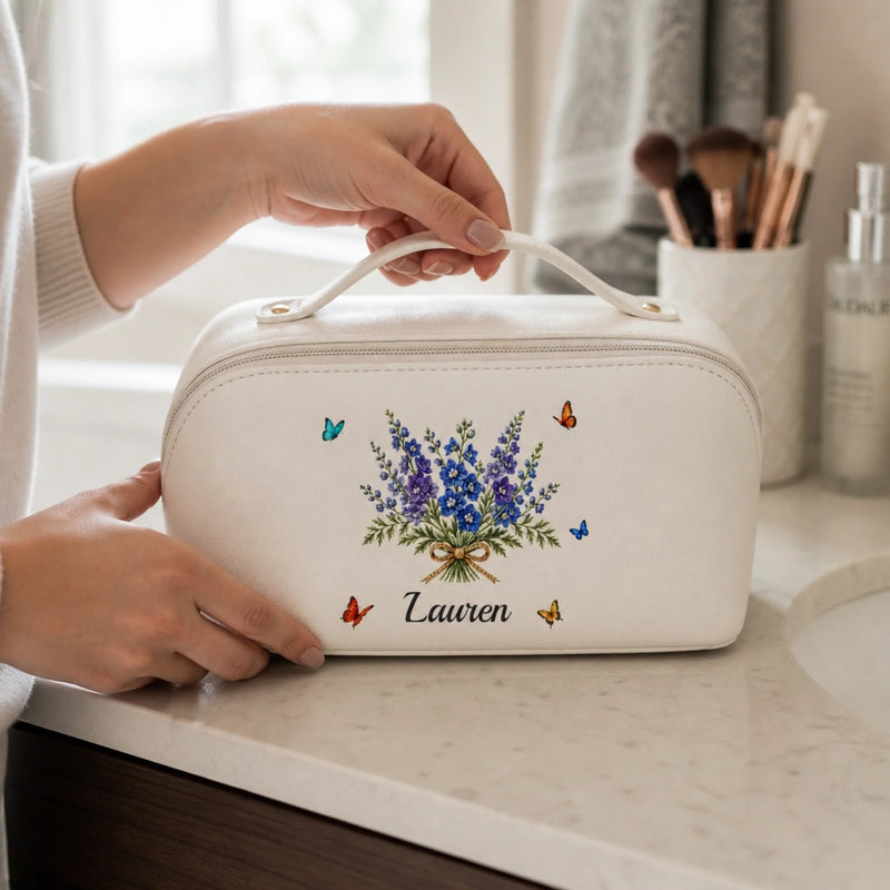 Custom Name Floral Butterfly Gifts - Personalized PU Leather Travel Toiletry Bag