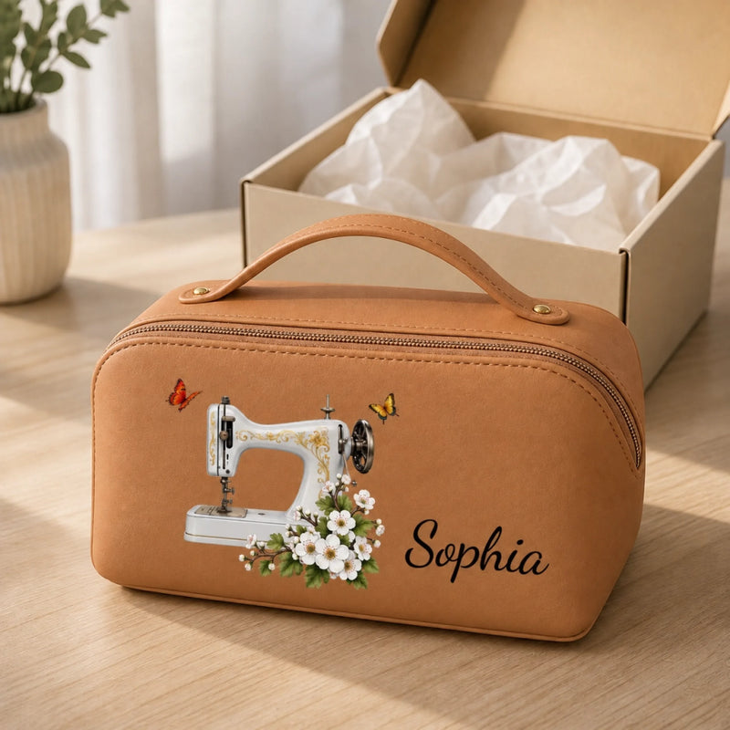 Custom Name Sewing Gifts for Seamstresses - Personalized PU Leather Travel Toiletry Bag