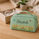 Custom Name Floral Travel Gift - Personalized PU Leather Travel Toiletry Bag
