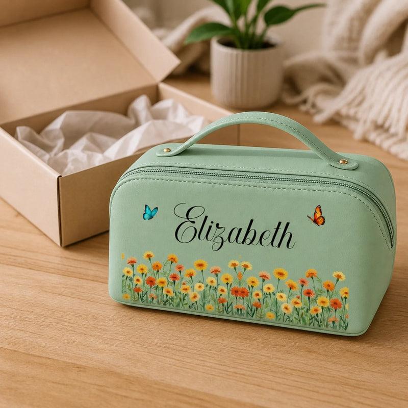 Custom Name Floral Travel Gift - Personalized PU Leather Travel Toiletry Bag