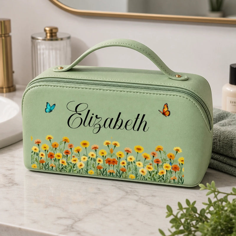 Custom Name Floral Travel Gift - Personalized PU Leather Travel Toiletry Bag