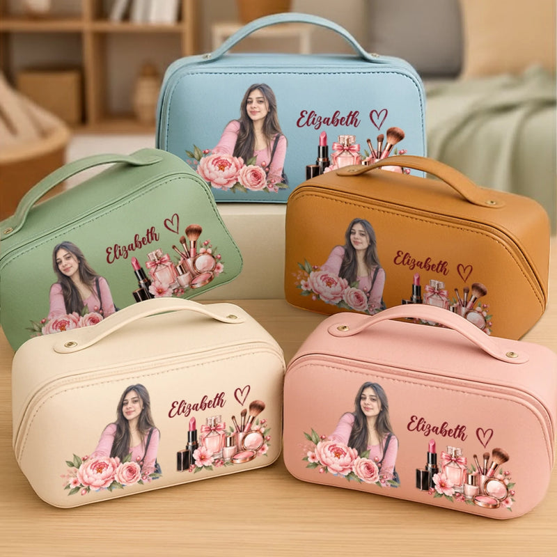 Custom Photo Name Floral Beauty Gifts for Women - Personalized PU Leather Travel Toiletry Bag
