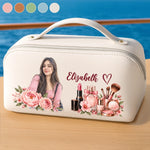 Custom Photo Name Floral Beauty Gifts for Women - Personalized PU Leather Travel Toiletry Bag