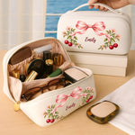 Custom Name Cherry Bow Design - Personalized PU Leather Travel Toiletry Bag