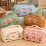 Custom Name Cherry Bow Design - Personalized PU Leather Travel Toiletry Bag