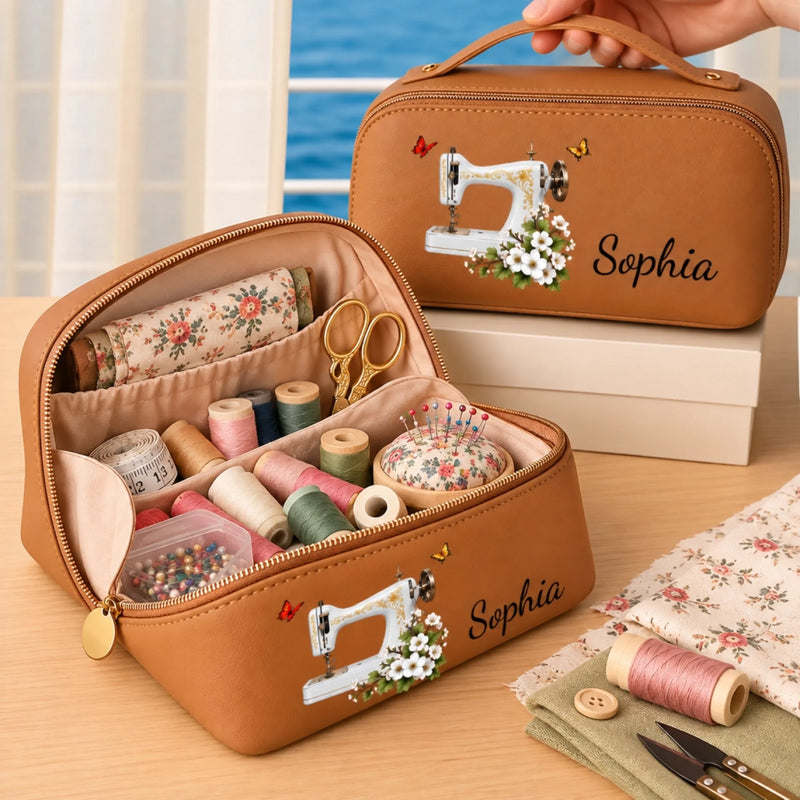 Custom Name Sewing Gifts for Seamstresses - Personalized PU Leather Travel Toiletry Bag