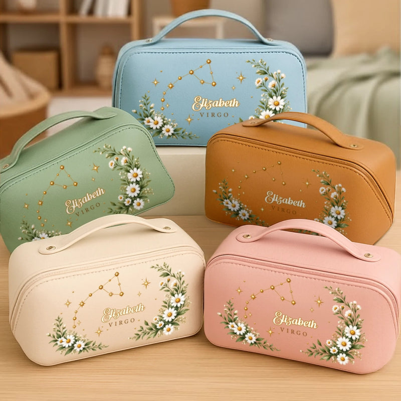 Custom Name Zodiac Floral Gifts for Women - Personalized PU Leather Travel Toiletry Bag