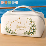 Custom Name Zodiac Floral Gifts for Women - Personalized PU Leather Travel Toiletry Bag