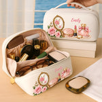 Custom Name Vintage Floral Beauty Gifts for Women - Personalized PU Leather Travel Toiletry Bag