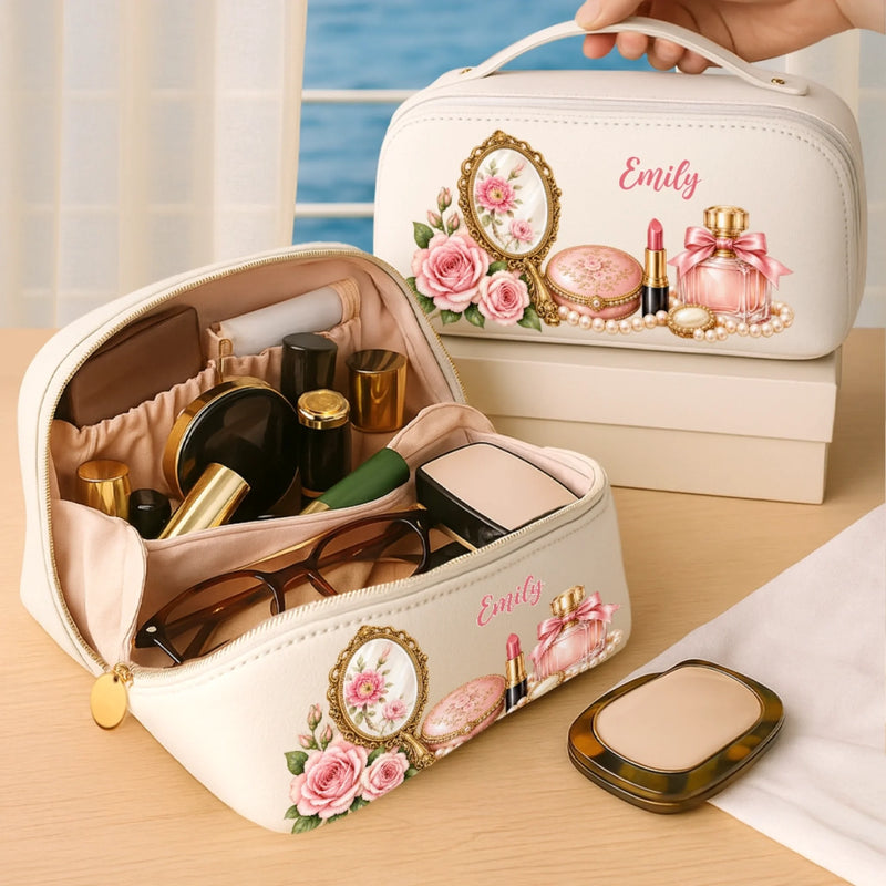 Custom Name Vintage Floral Beauty Gifts for Women - Personalized PU Leather Travel Toiletry Bag