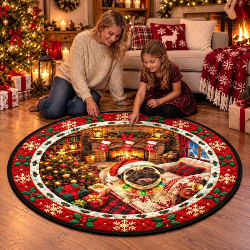 Custom Christmas Pug Fireplace Decor - Personalized Photo Quilted Round Mat
