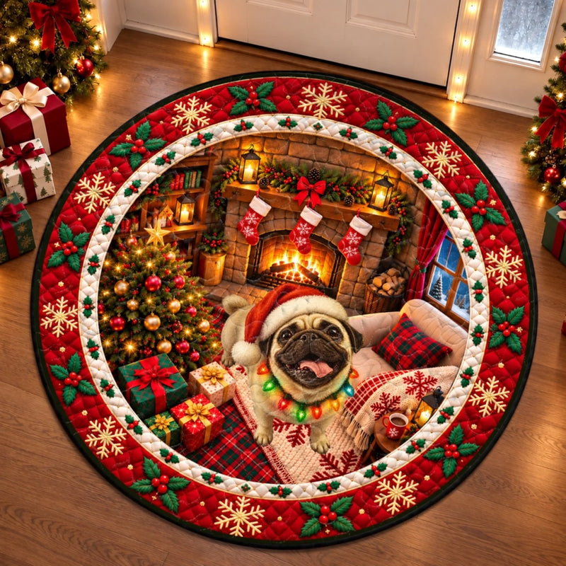 Custom Christmas Pug Fireplace Decor - Personalized Photo Quilted Round Mat