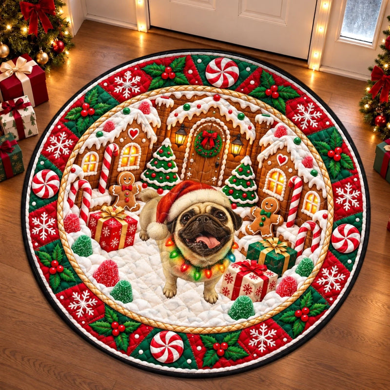 Custom Christmas Gingerbread Pug Holiday Decor - Personalized Photo Quilted Round Mat