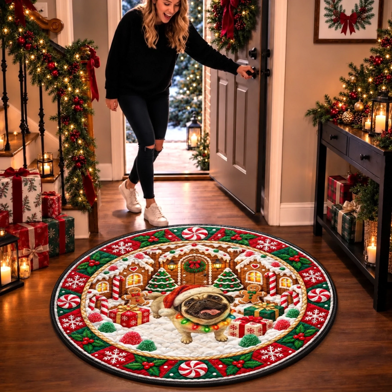 Custom Christmas Gingerbread Pug Holiday Decor - Personalized Photo Quilted Round Mat