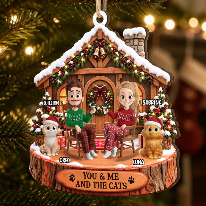Custom Name Christmas Gifts for Couples and Cat Lovers - Personalized Wooden Ornament