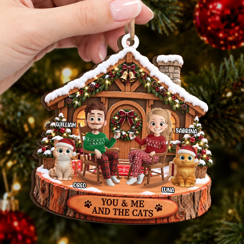 Custom Name Christmas Gifts for Couples and Cat Lovers - Personalized Wooden Ornament