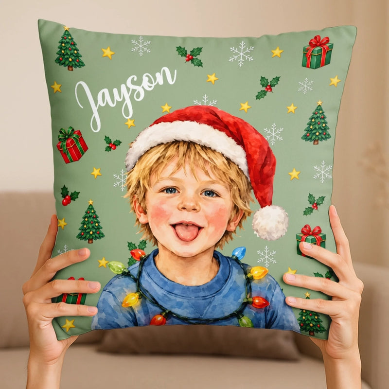 Custom Name Santa Portrait Christmas Gifts for Kids - Personalized Photo Pillow