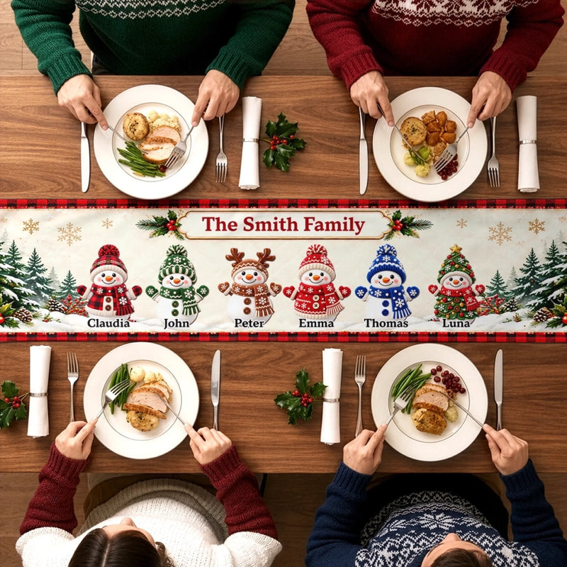Custom Name Christmas Snowman Family Gifts - Personalized Table Runner
