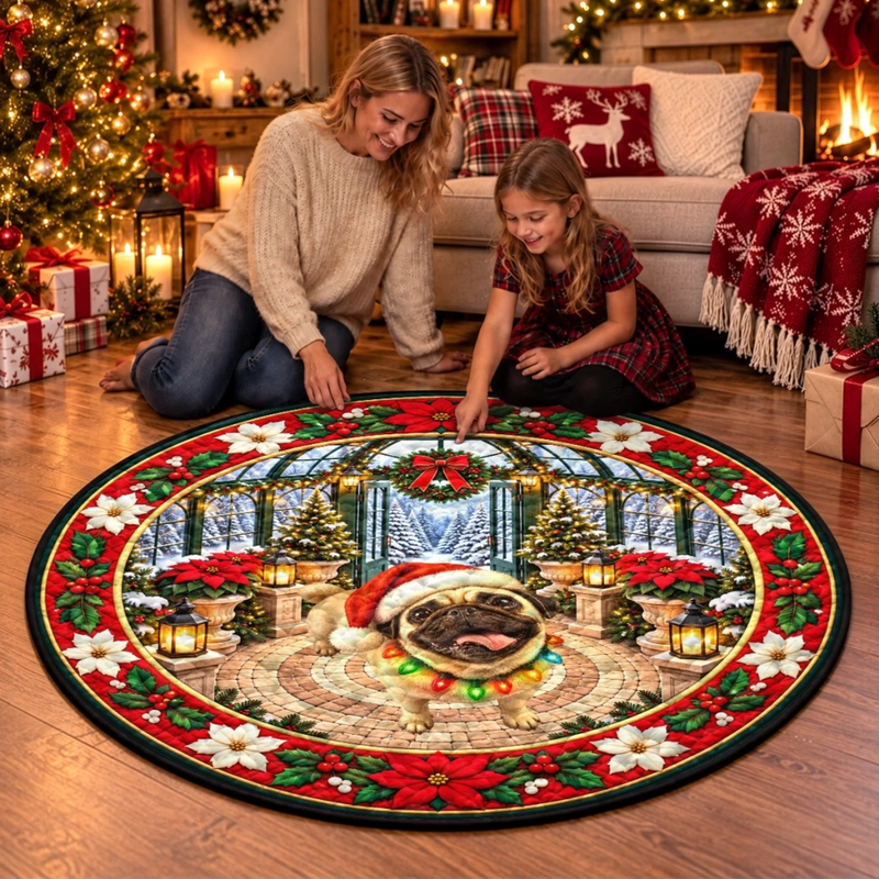 Christmas Pug Holiday Decor - Quilted Round Mat