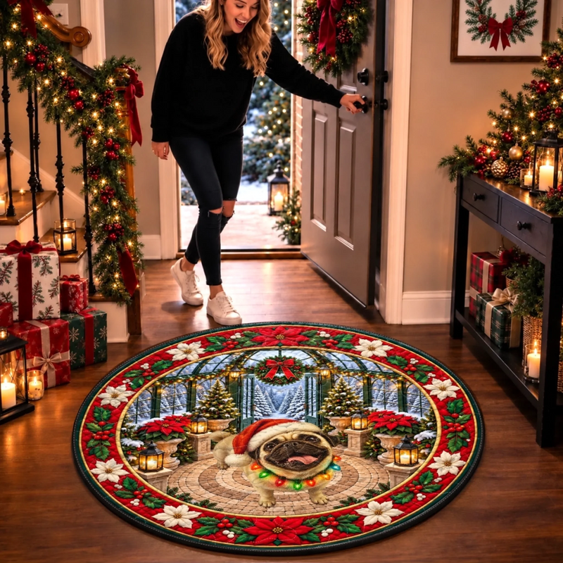 Christmas Pug Holiday Decor - Quilted Round Mat