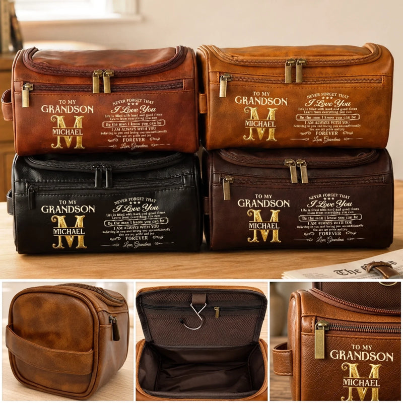 Custom Name Grandson Gifts - Personalized Leather Toiletry Bag