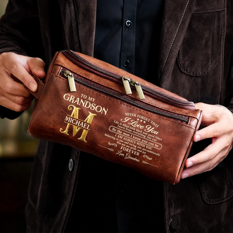 Custom Name Grandson Gifts - Personalized Leather Toiletry Bag