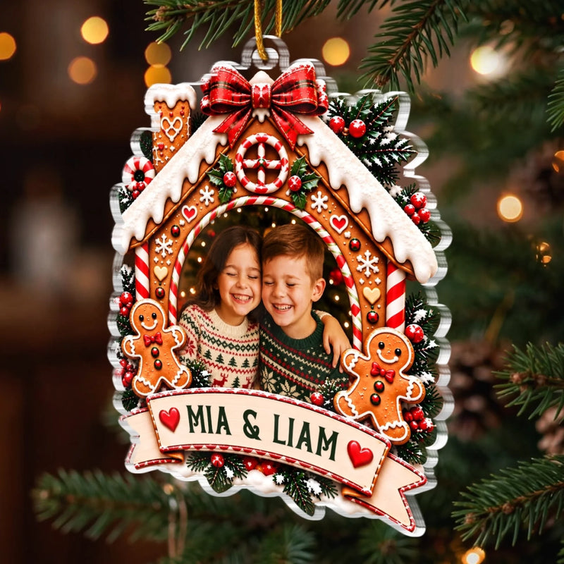 Custom Photo Gingerbread House Christmas Family Gifts - Personalized Acrylic Ornament