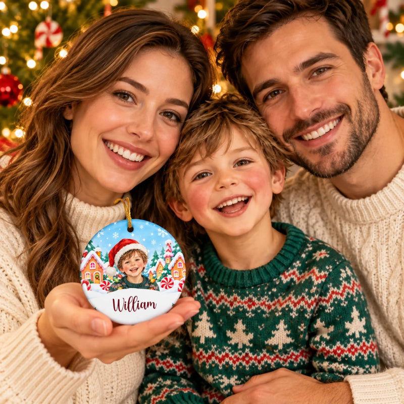 Custom Name and Photo Christmas Ornament for Kids - Personalized Ceramic Ornament