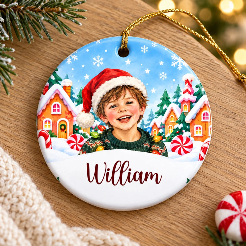 Custom Name and Photo Christmas Ornament for Kids - Personalized Ceramic Ornament