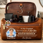 Custom Photo Grandson Gifts from Grandma - Personalized Leather Toiletry Bag