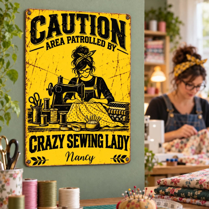 Custom Name Caution Sewing Room Decor - Personalized Metal Sign