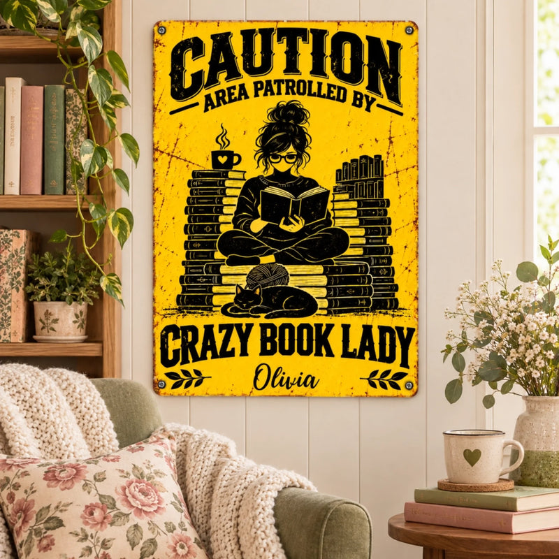 Custom Name Crazy Book Lady Gifts for Women - Personalized Metal Sign