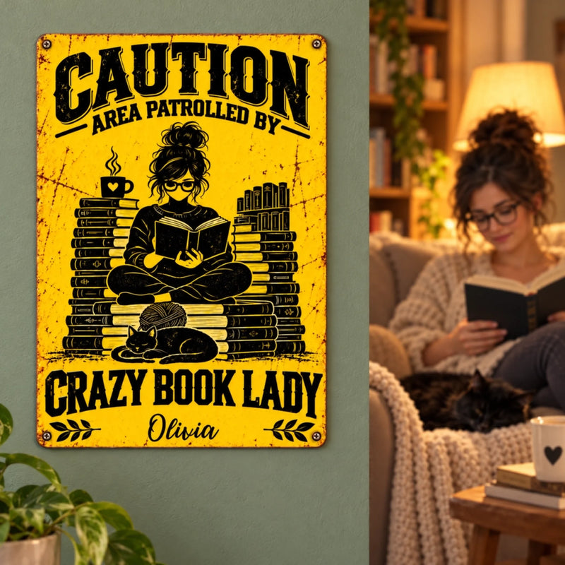 Custom Name Crazy Book Lady Gifts for Women - Personalized Metal Sign
