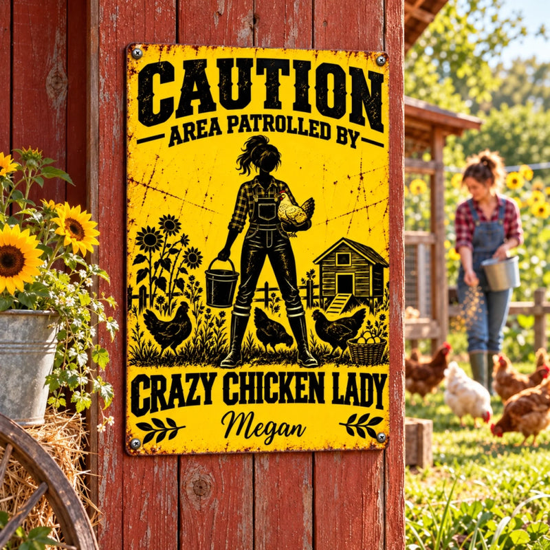 Custom Name Crazy Chicken Lady Gifts for Chicken Lovers - Personalized Metal Sign