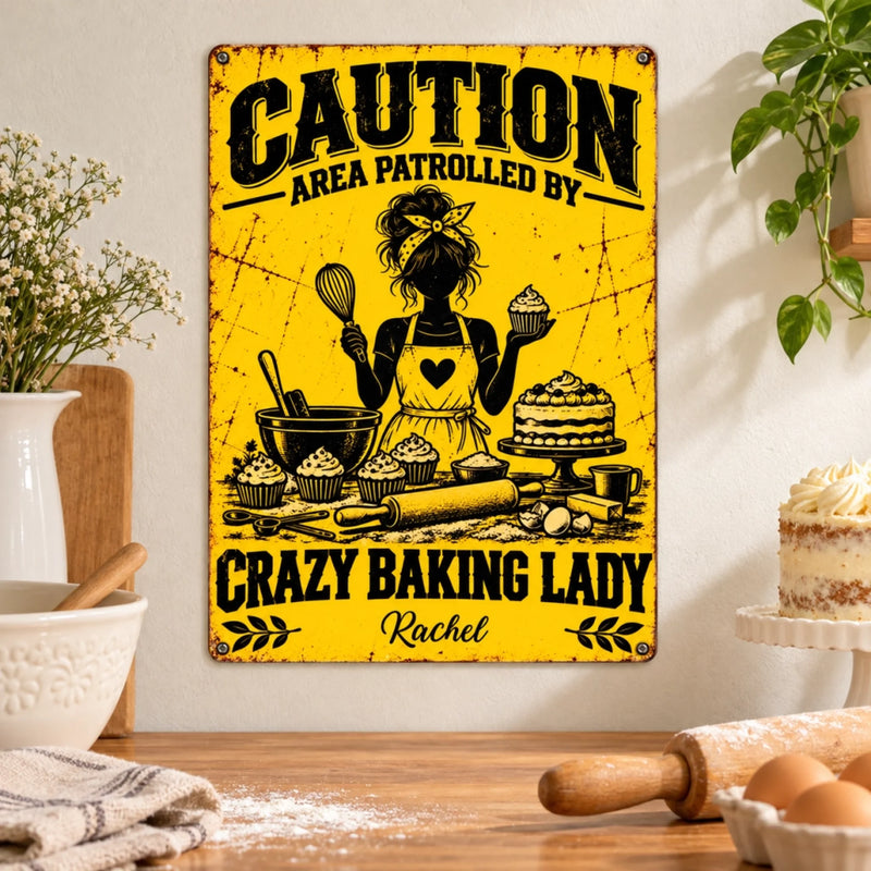 Custom Name Crazy Baking Lady Kitchen Decor - Personalized Metal Sign