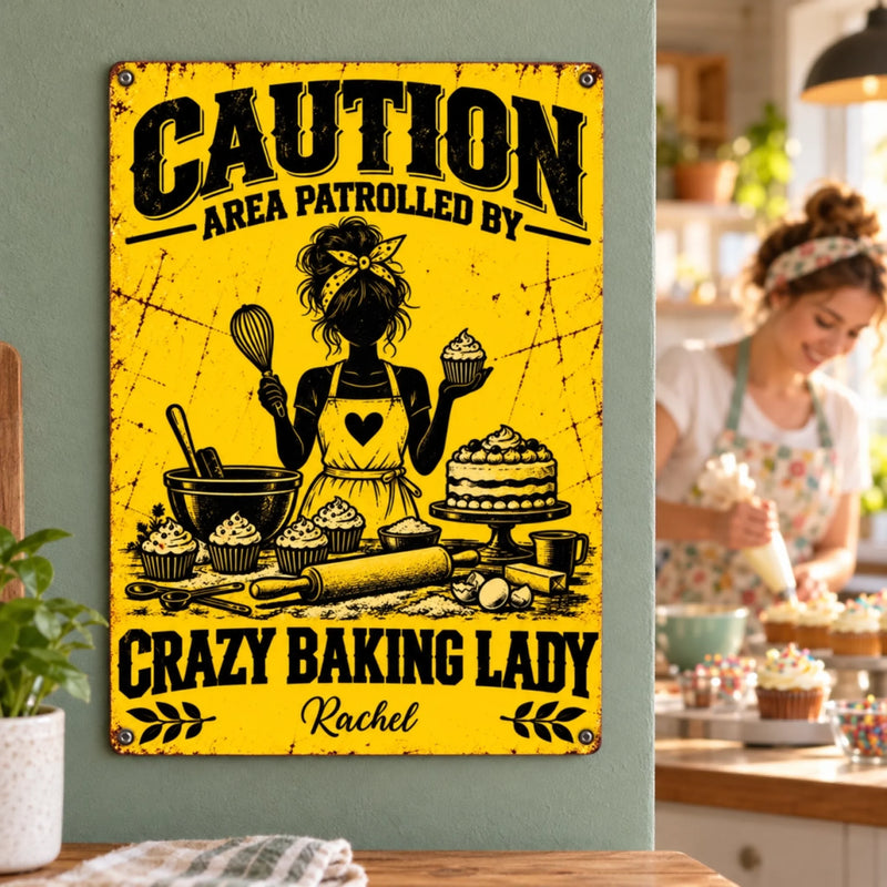 Custom Name Crazy Baking Lady Kitchen Decor - Personalized Metal Sign