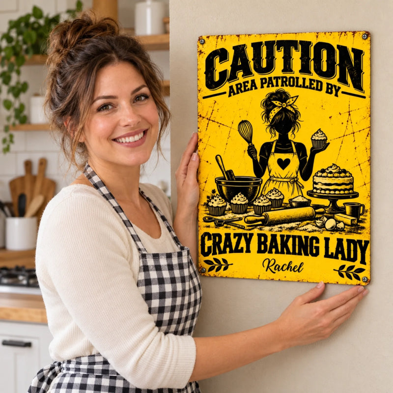 Custom Name Crazy Baking Lady Kitchen Decor - Personalized Metal Sign